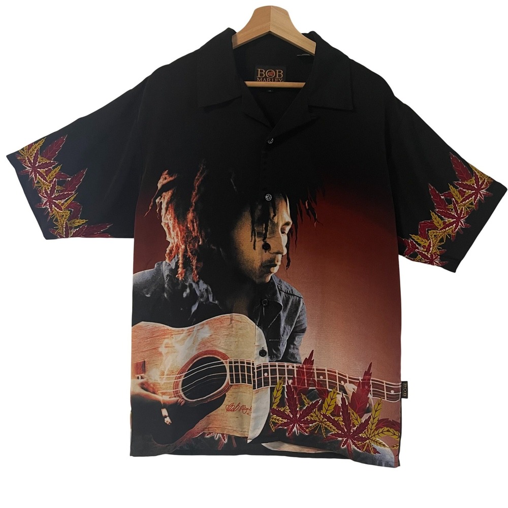 Bob Marley Clothing by Dragonfly Men Black Graphic Button Up Shirt Medium Reggae